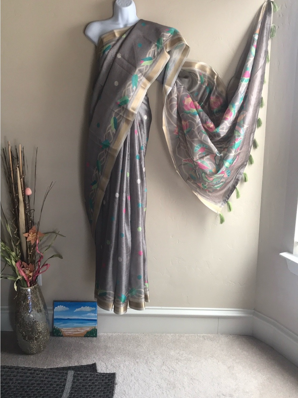 Gray Floral Tassel Saree with Pastel Accents